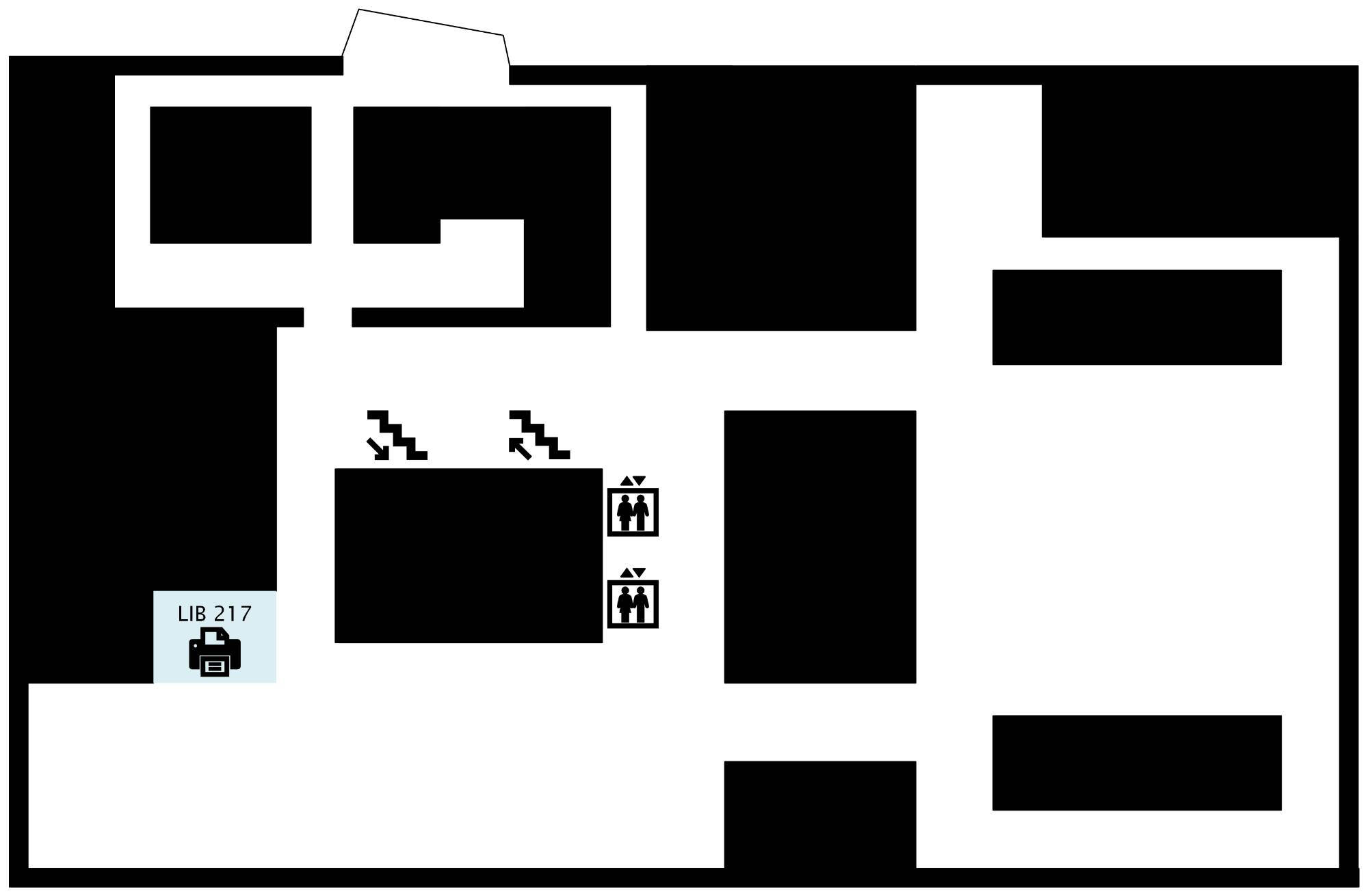 A map of the second floor of Mary Idema Pew Library, indicating a printer with print, copy, and scanning capabilities is available in LIB 217